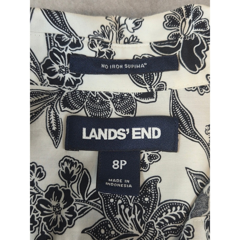 Lands' End Supima Cotton Floral Button Down Shirt White Black 8P Coastal Chic - Picture 3 of 10